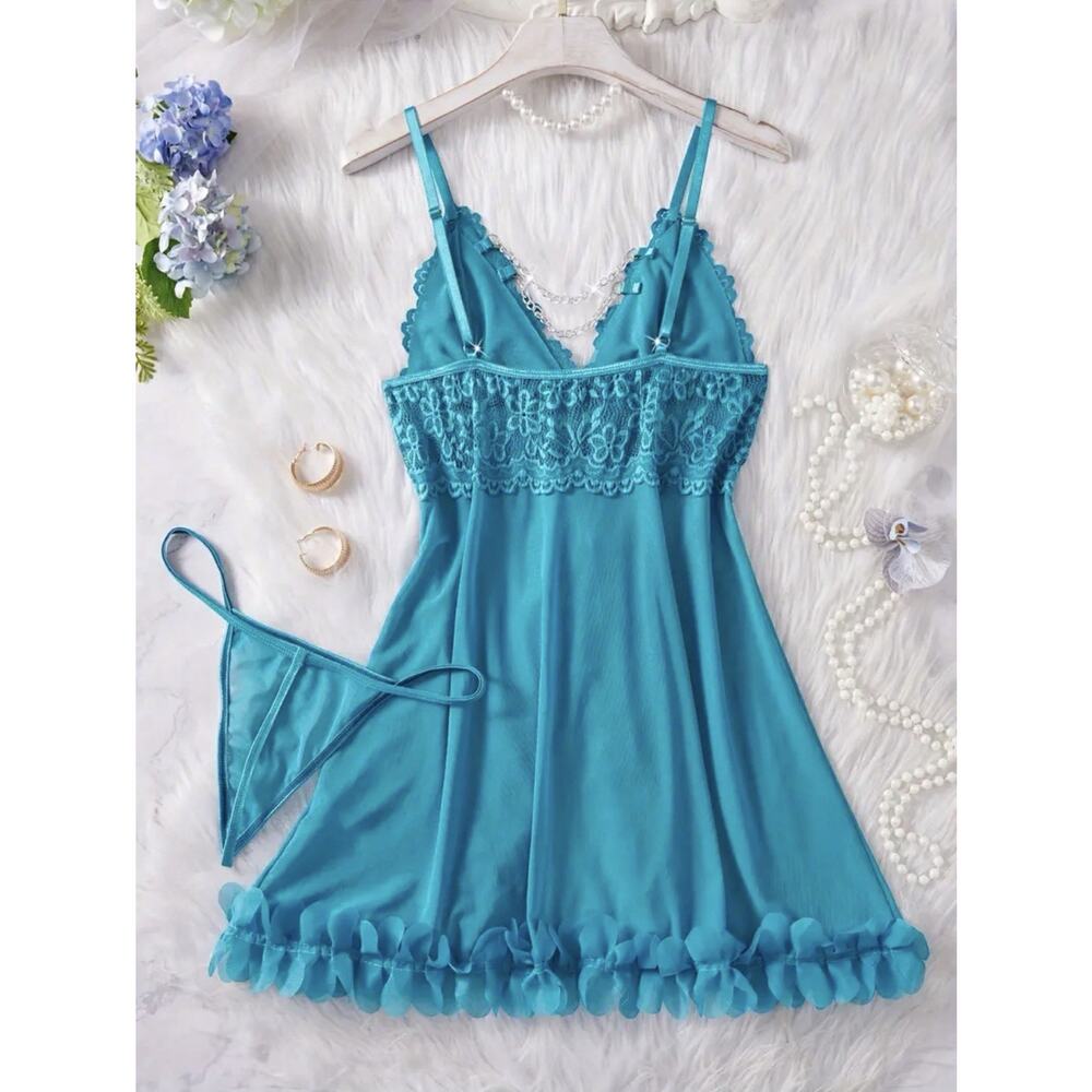 Sexy Lace Baby Doll Lingerie In Teal Size Medium With Bottoms